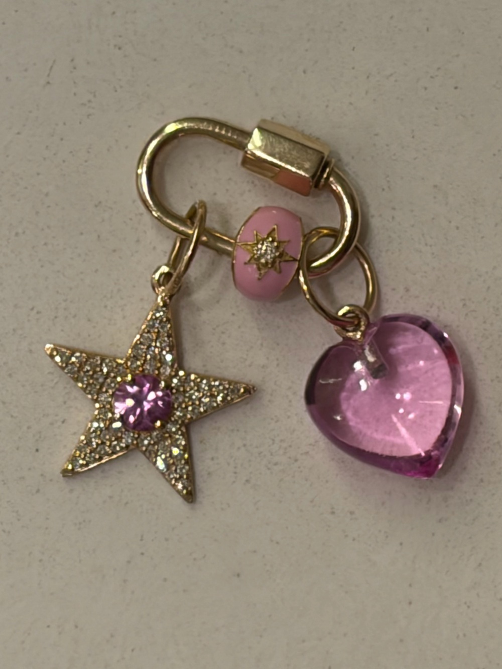 14k Gold pink charm stack with sapphire heart, diamond pave star & enamel spacer